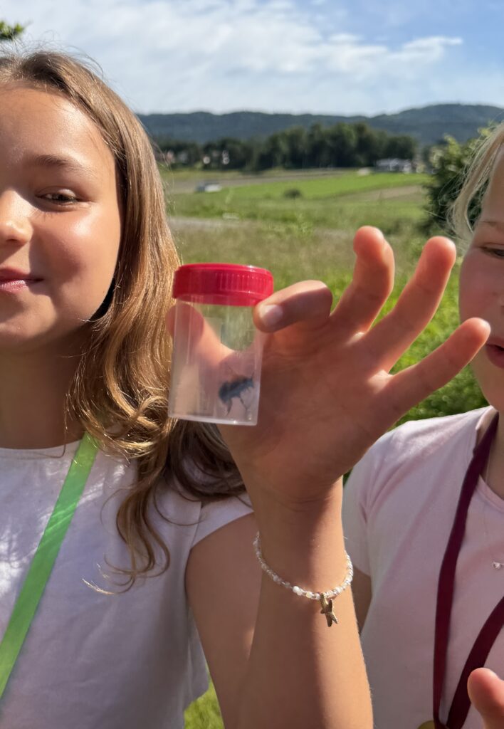 Two girls outdoors, one holding a small clear container with a red lid containing tiny dark insects, with a grassy field and hills in the background.